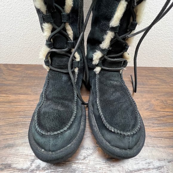 UGG Tularosa Black Suede Lace Up Sheepskin Tall Boots Women's Size 8 5190 - Picture 3 of 10